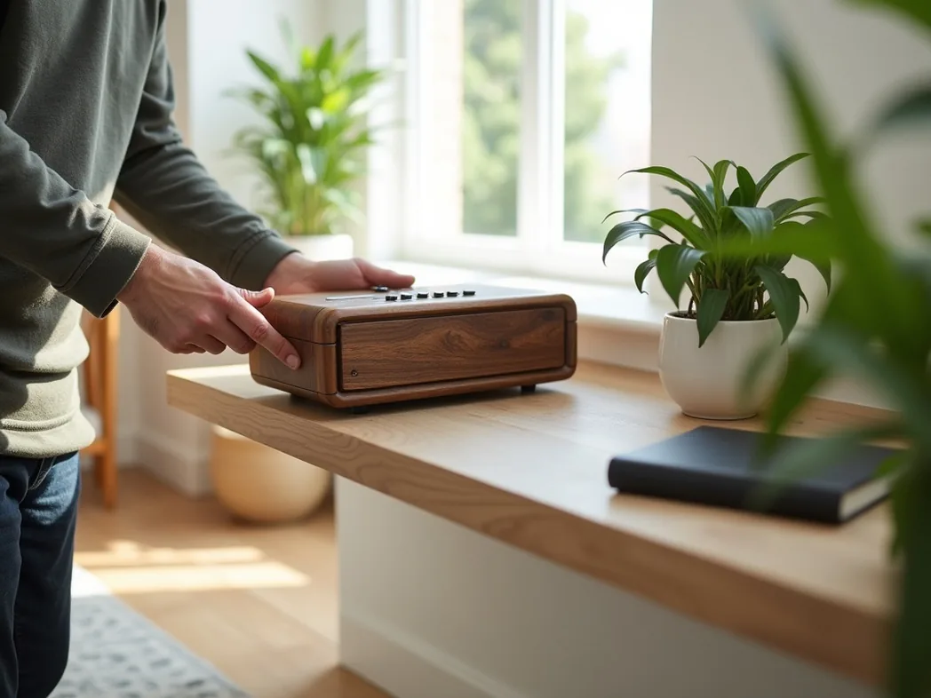 Designer adjusting a walnut sound device on a floating shelf in a bright modern living room
