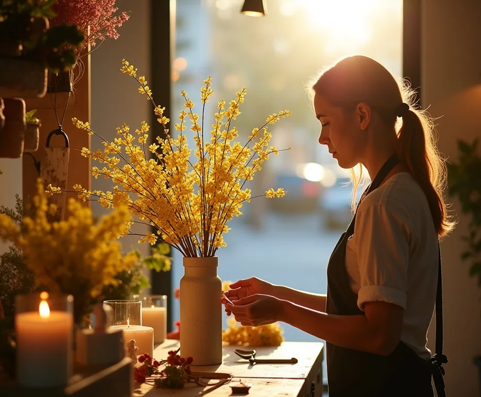Florist arranging osmanthus branches near a lit candle in a boutique interior