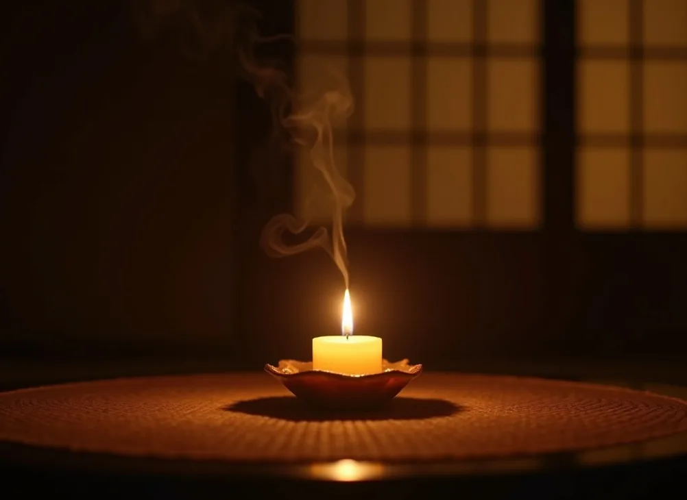 Handcraft candle glowing on a low table in a dim tatami room at night with faint smoke