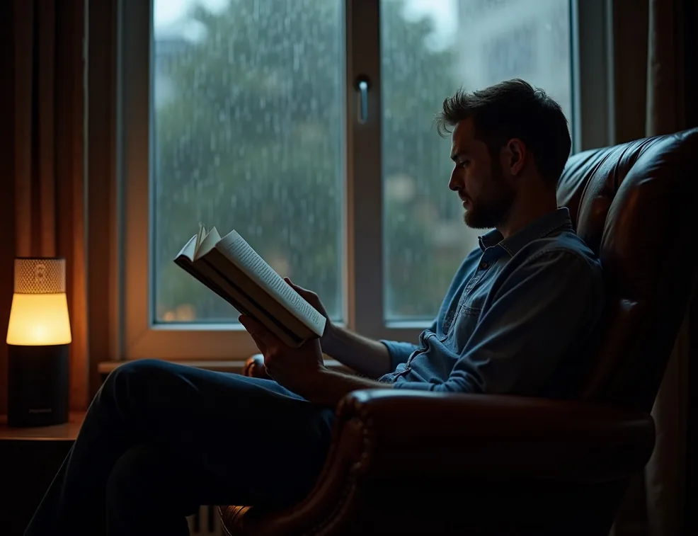 Man reading in a leather armchair with an aluminum sound device glowing softly nearby