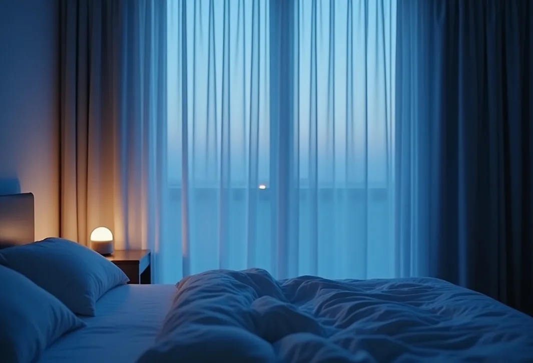 Minimalist bedroom at blue hour with a diffuser on the nightstand and sheer curtains