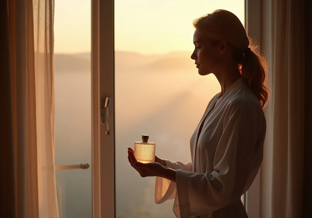 Woman in linen robe holding a frosted perfume bottle at dawn by a large window