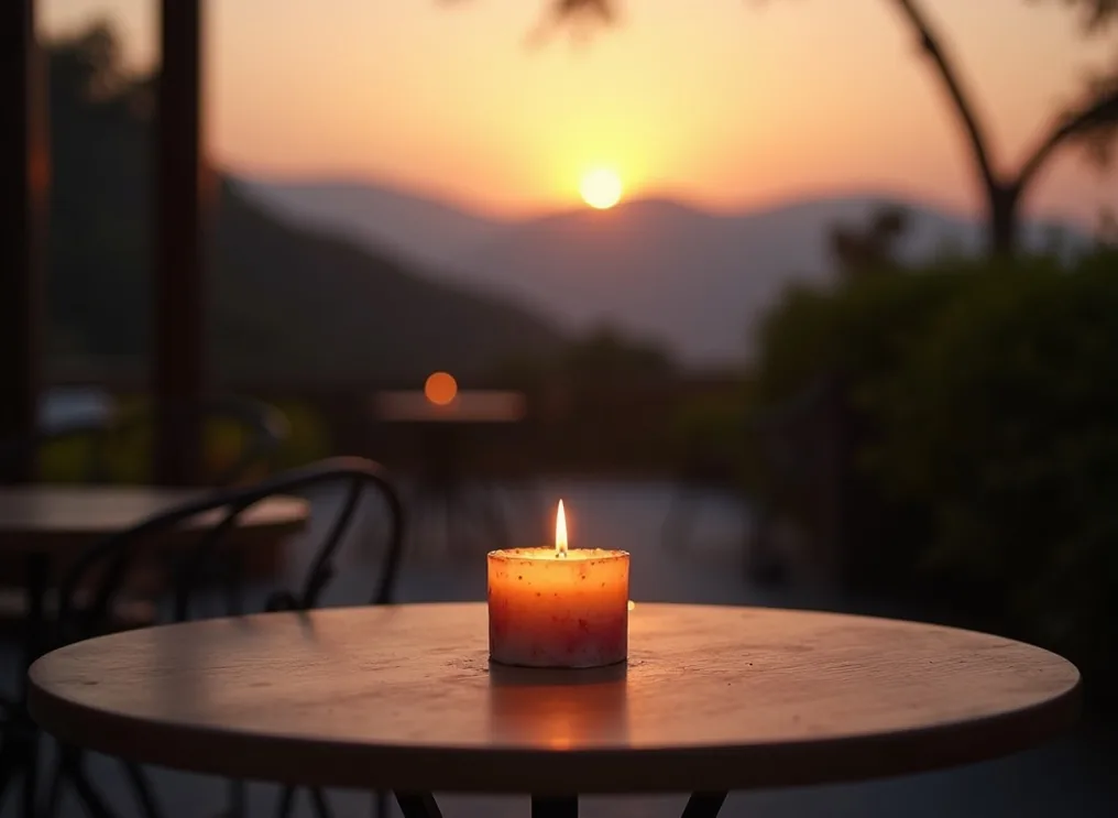 Outdoor terrace at dusk with a lit handcraft candle on a bistro table and distant mountain view