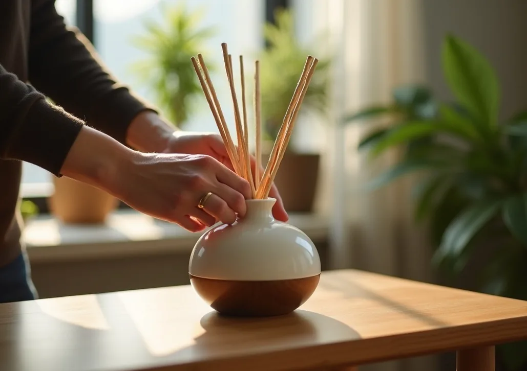 Close-up of hands placing rattan reeds into a ceramic diffuser on a wooden console table