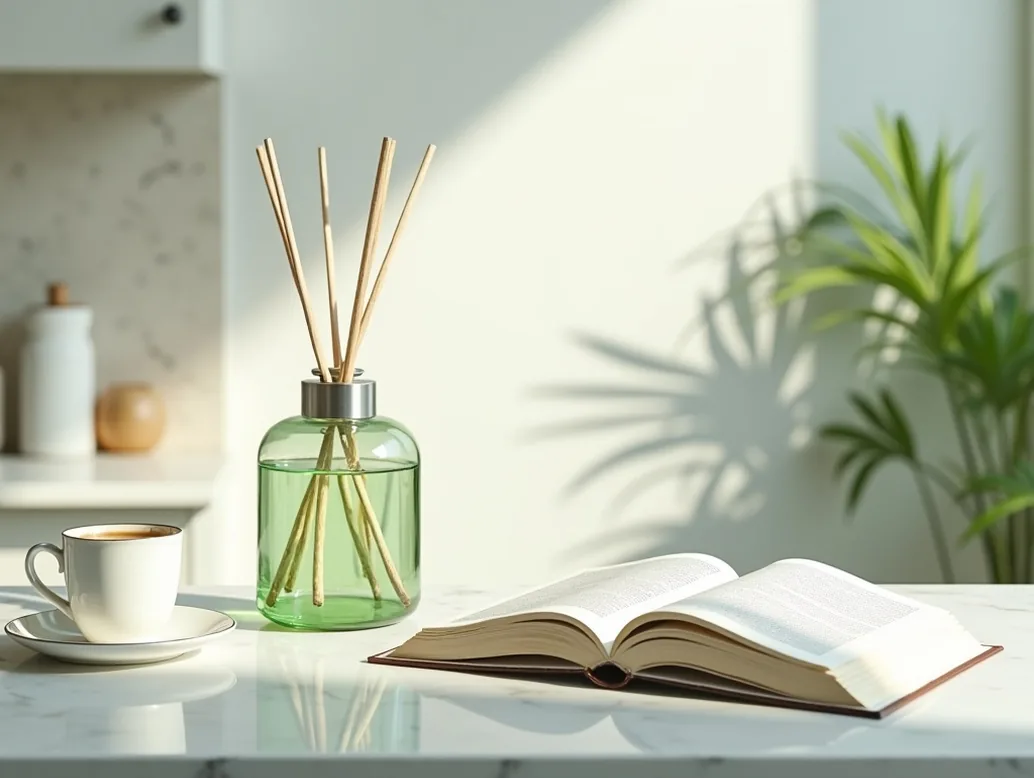 Flat lay of a green glass diffuser beside a cup of tea and an open book on marble counter