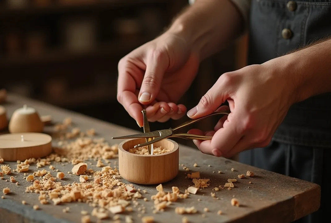 Hands trimming a wooden candle wick with brass scissors on a rustic workbench