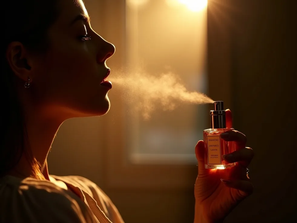 Macro shot of perfume spritz with fine droplets suspended in golden light
