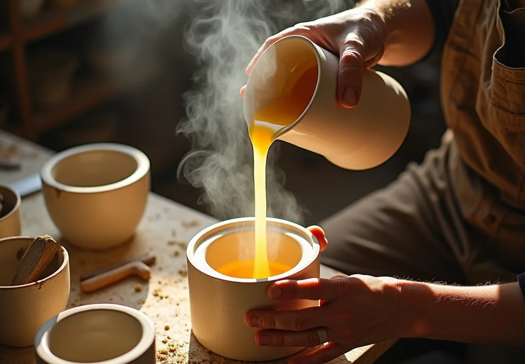 Overhead view of an artisan pouring liquid soy wax into ceramic vessels in a sunlit workshop