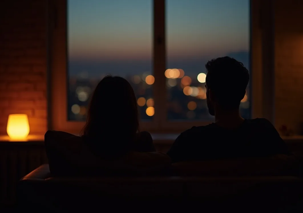 Silhouette of a couple relaxing on a sofa with faint candlelight and a glowing sound object