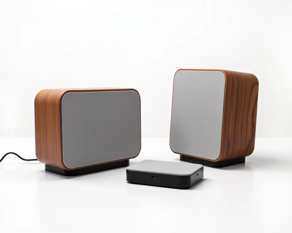 Walnut-fronted tabletop sound device beside its charging base