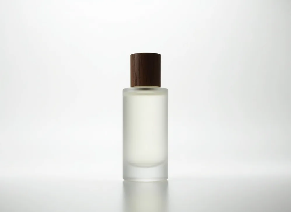 Minimalist frosted glass perfume bottle with dark wood cap 50ml