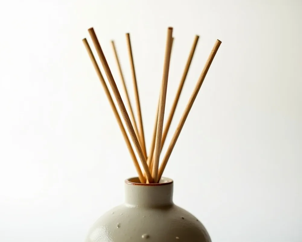 Reed diffuser with eight natural rattan sticks in a matte ceramic vessel