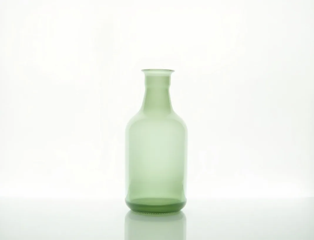 Recycled pale-green glass diffuser bottle with slim reeds capturing light