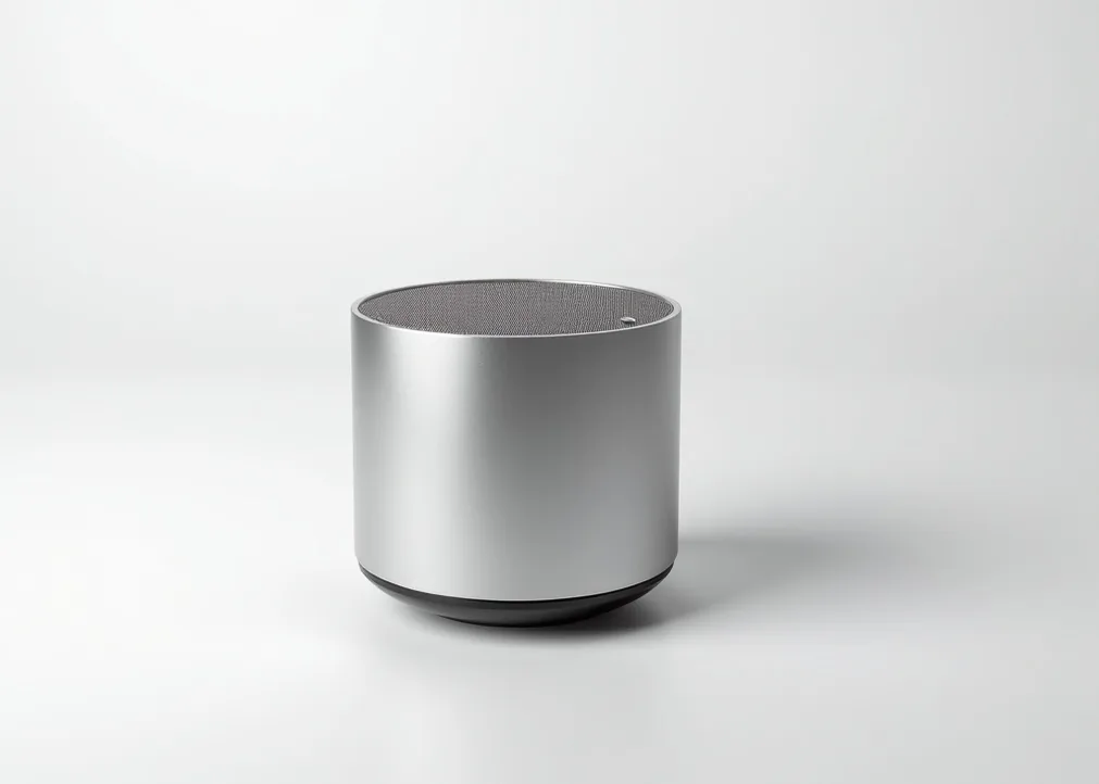 Machined aluminum cylindrical sound device with subtle speaker grille