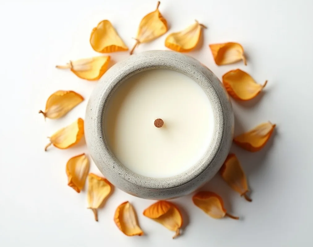 Handcrafted soy candle in a stone-textured vessel with a wooden wick